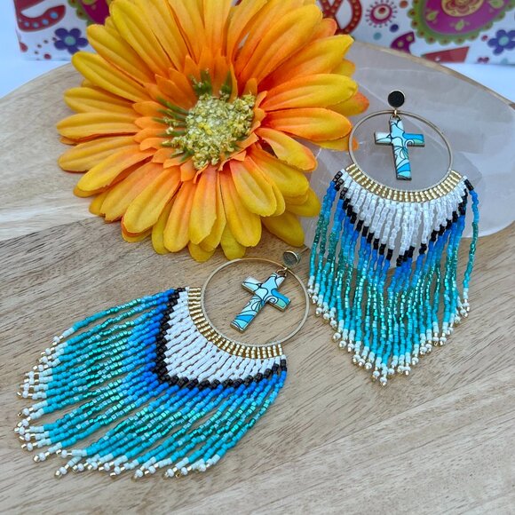 Handmade Beaded Long Faith Fringe Cross Dangle Drop Lightweight Post Earrings - Picture 7 of 11